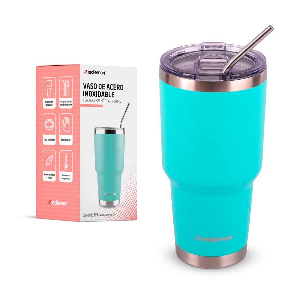 Termo y Vaso Térmico Acero Inoxidable 2 Popotes 800 ml