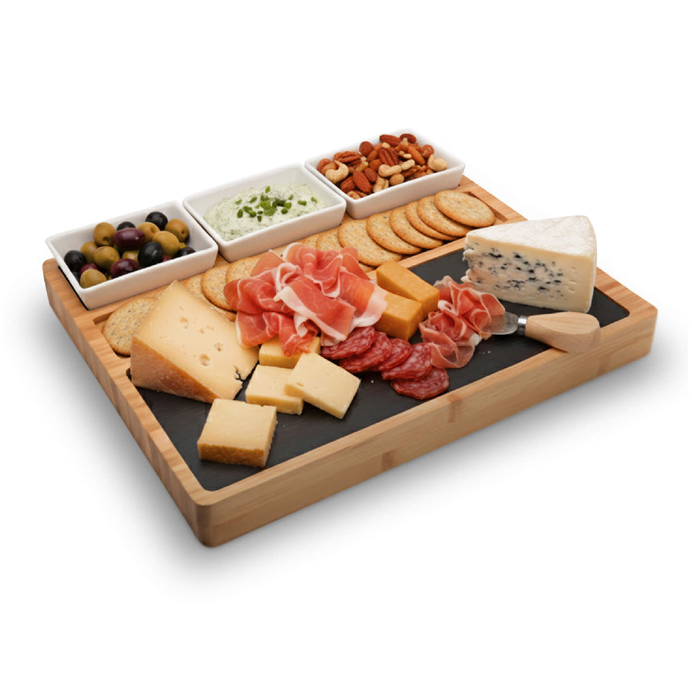 Tabla de bambú para charcutería con 3 salseros