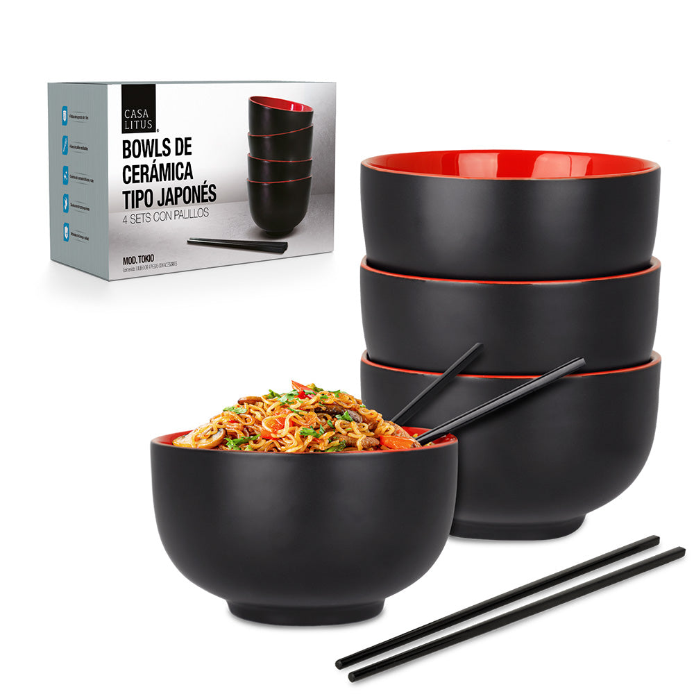 Set de 4 Bowls de Cerámica de 1 L con Palillos Casa Litus