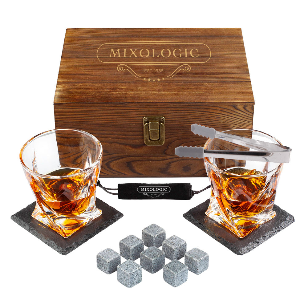 Set para Whisky con 2 Vasos, 8 Piedras y Caja de Madera