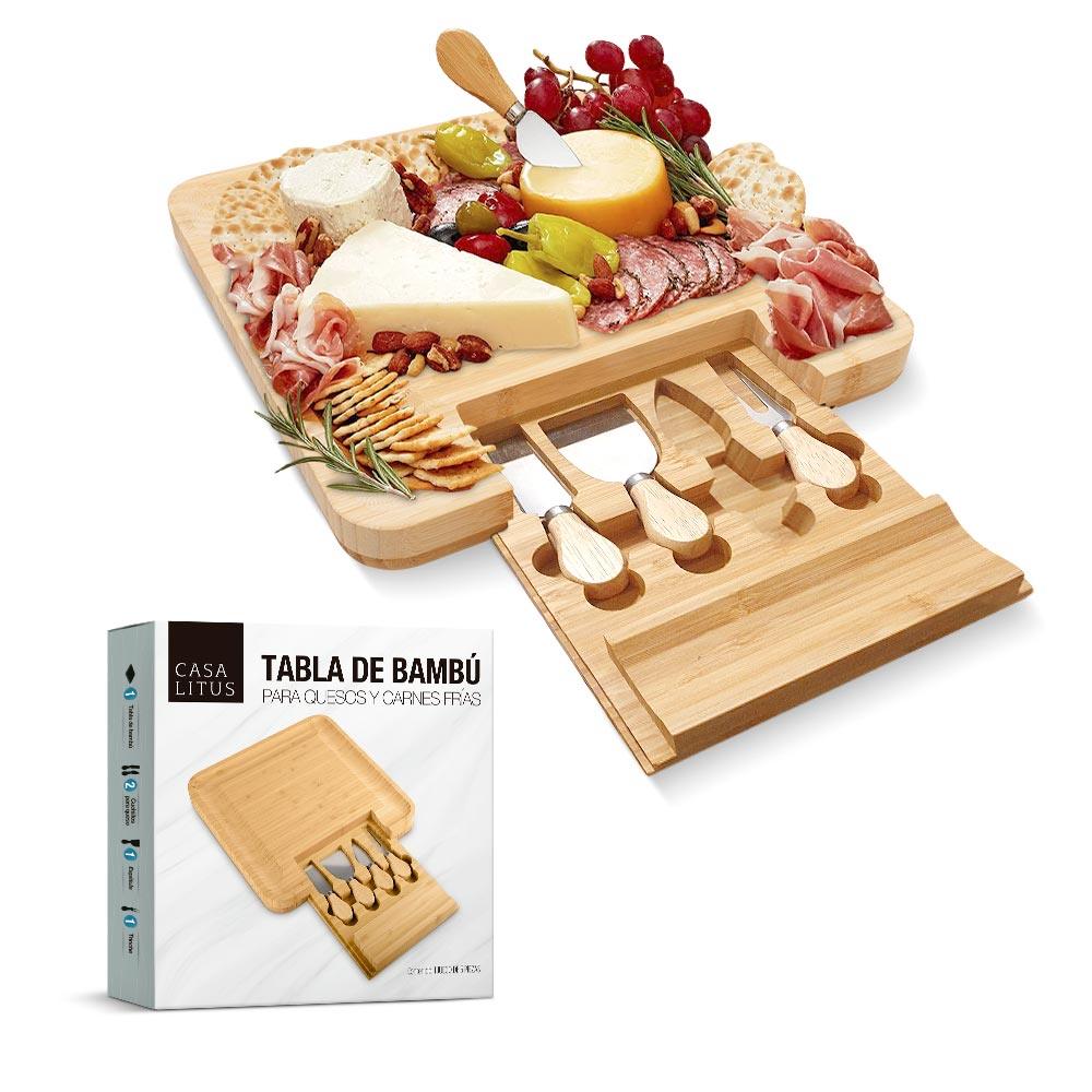 Tabla de bambú para quesos con 4 utensilios