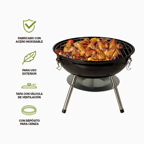 Asador de Carbón Portátil de 36 cm con Tapa HIKEO