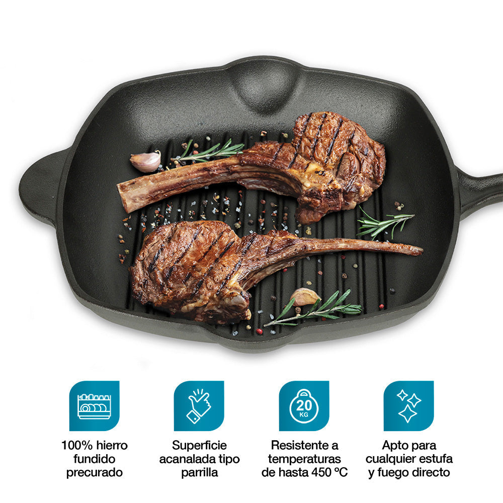 Sartén Grill de Hierro Fundido Precurado de 2 L