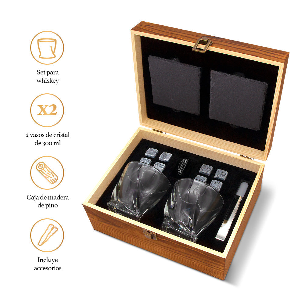 Set para Whisky con 2 Vasos, 8 Piedras y Caja de Madera