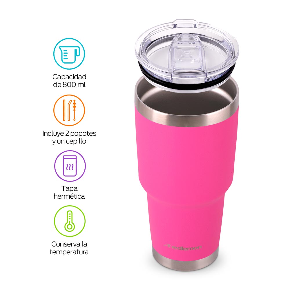 Termo y Vaso Térmico Acero Inoxidable 2 Popotes 800 ml