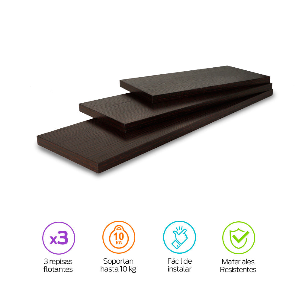 Set de 3 Repisas Flotantes de Madera de 30, 40 y 50 cm