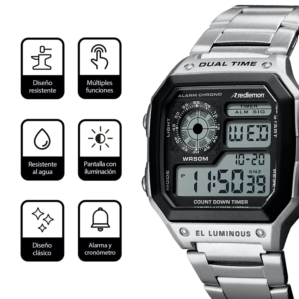 Reloj Digital Clásico con Correa de Metal Mod. 1335