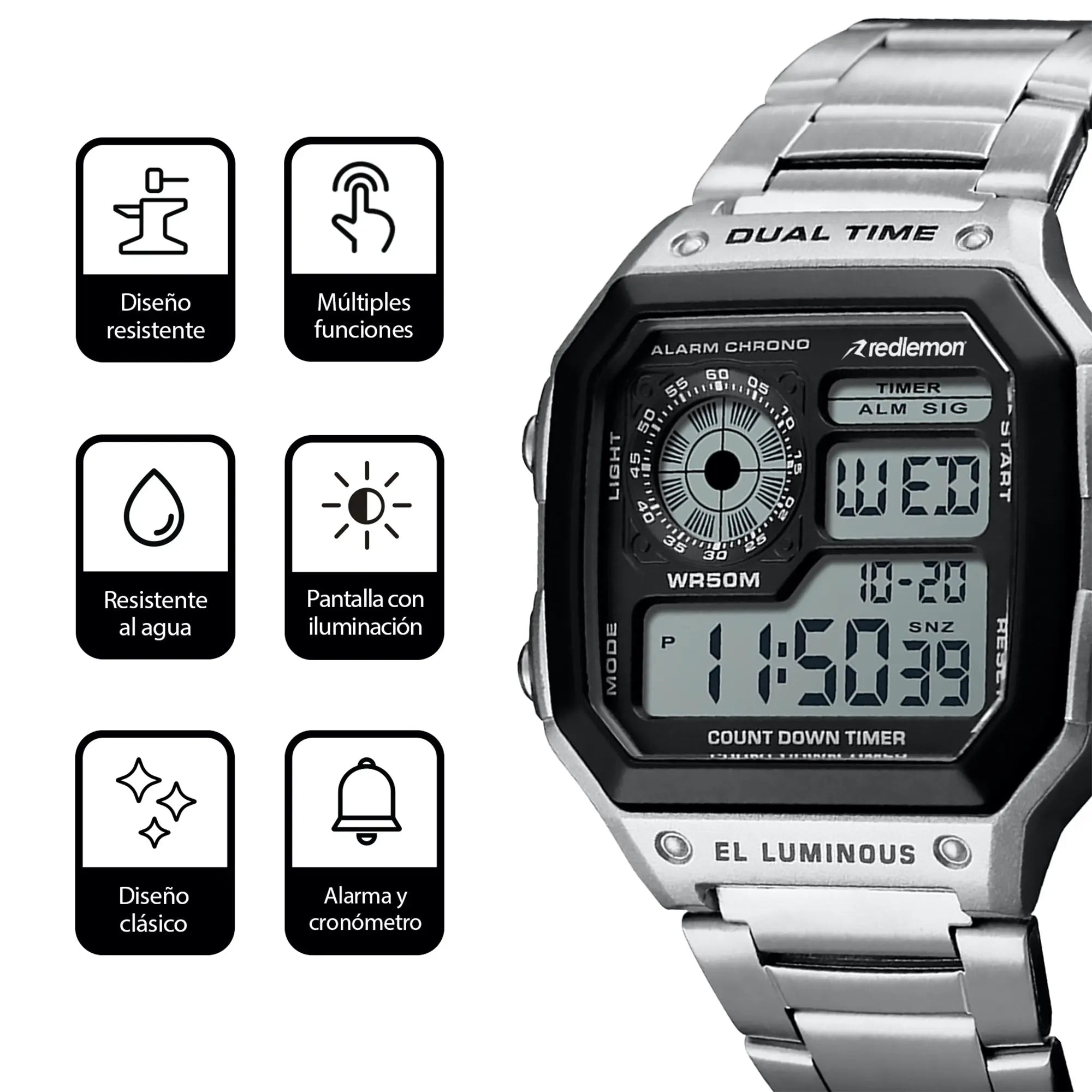 Reloj Digital Clásico con Correa de Metal Mod. 1335