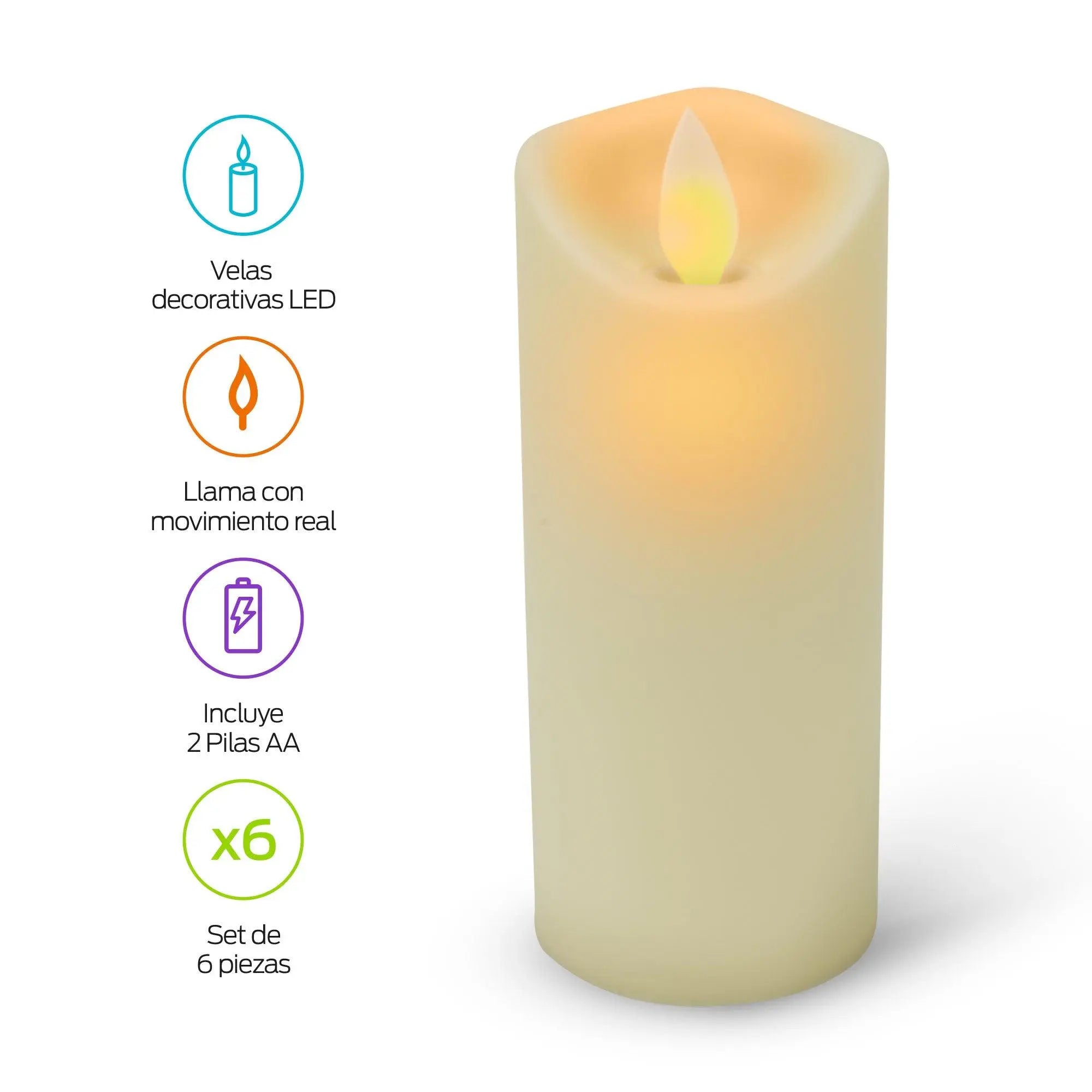 Set de 6 Velas LED con Efecto de Flama y Pilas AA