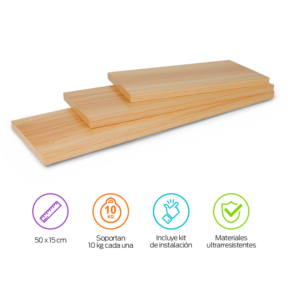Set de 3 Repisas Flotantes de Madera de 30, 40 y 50 cm