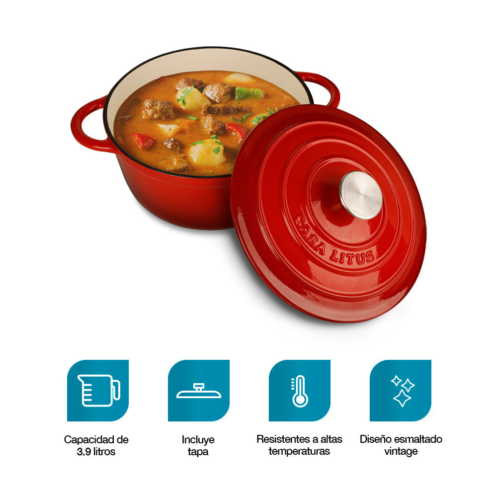 Olla Dutch Oven de Hierro Fundido Esmaltado 3.9 L Roja