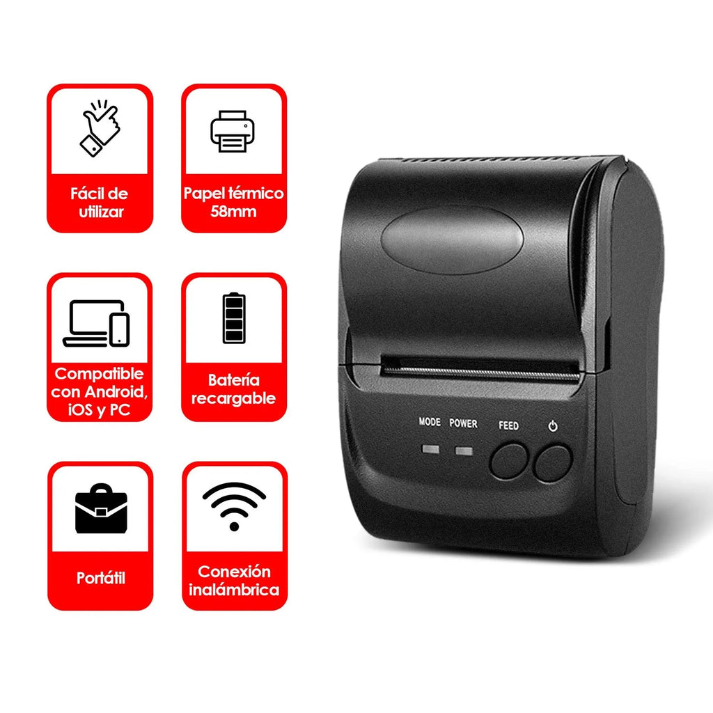 Mini Impresora Térmica Bluetooth de 58 mm para Tickets