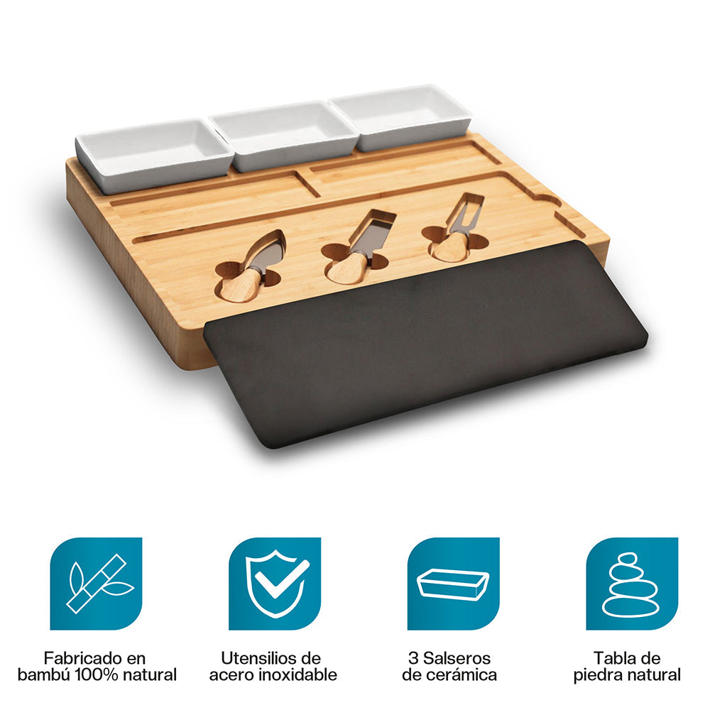 Tabla de bambú para charcutería con 3 salseros