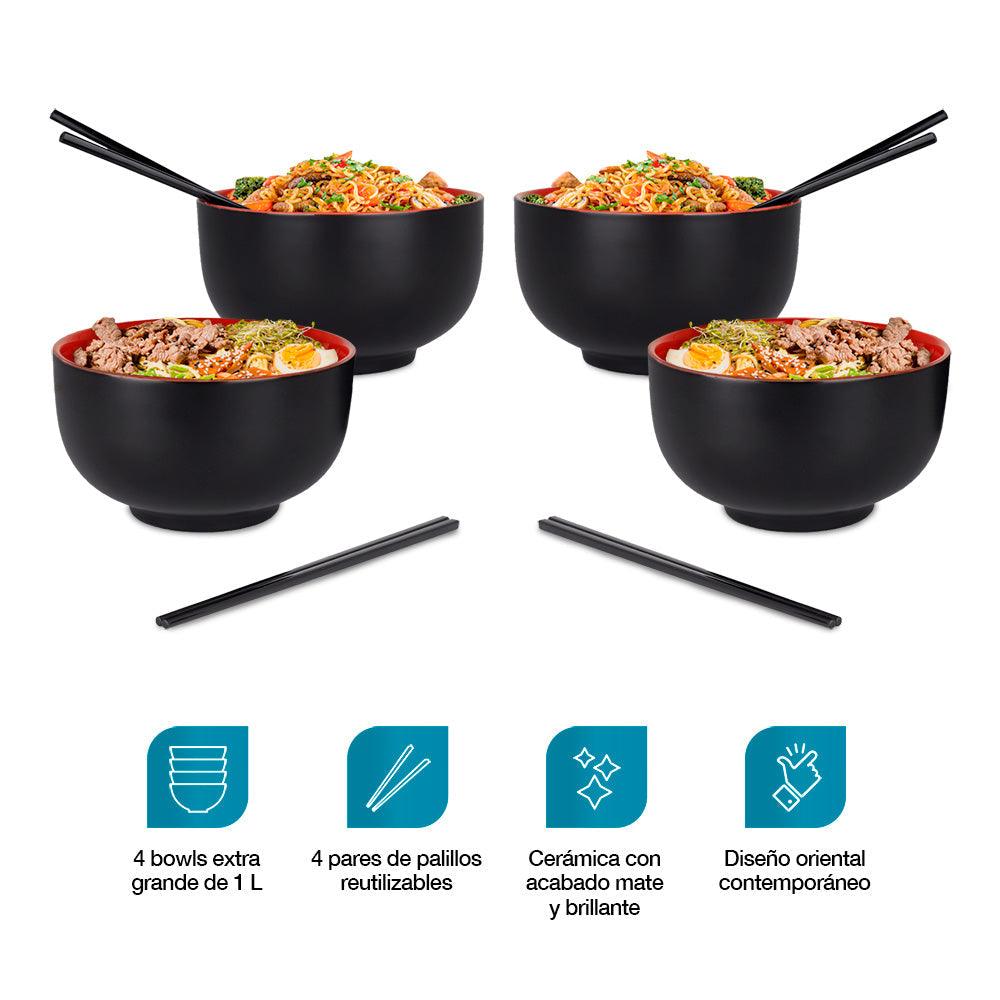 Set de 4 Bowls de Cerámica de 1 L con Palillos Casa Litus