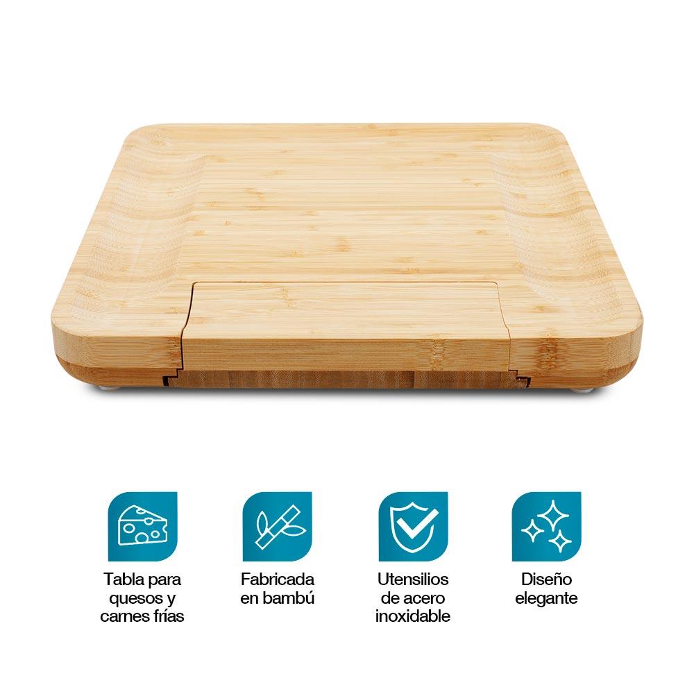 Tabla de bambú para quesos con 4 utensilios