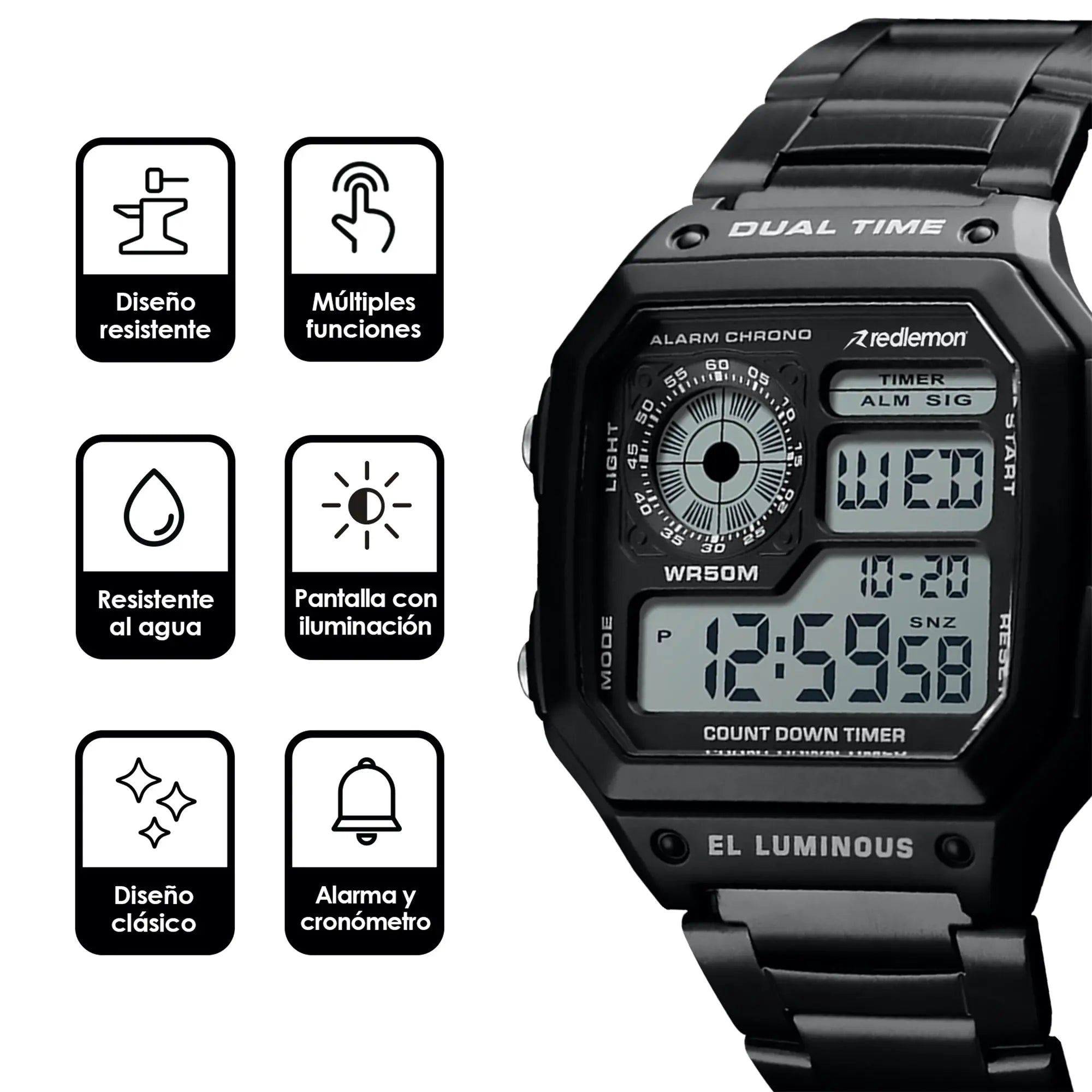 Reloj Digital Clásico con Correa de Metal Mod. 1335