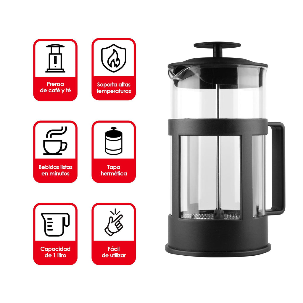 Prensa Francesa de Vidrio de 1 L para Café y Té Redlemon