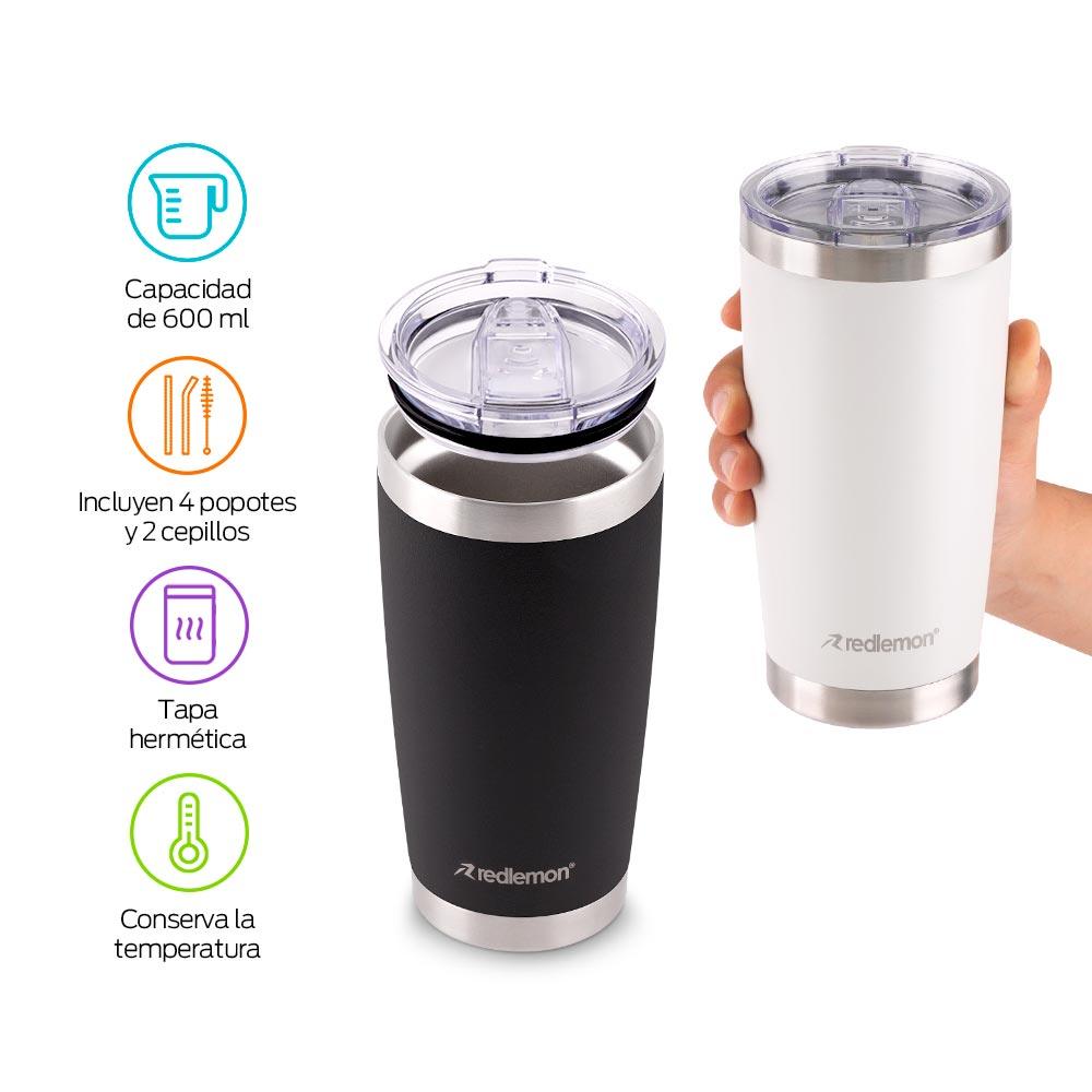 Set de 2 Vasos Térmicos de Acero 600 ml con Popotes