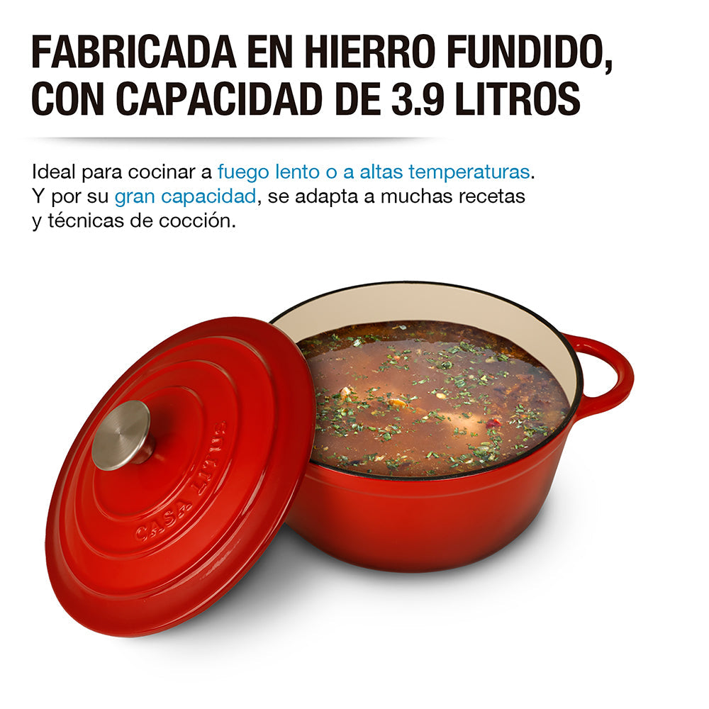 Olla Dutch Oven de Hierro Fundido Esmaltado 3.9 L Roja