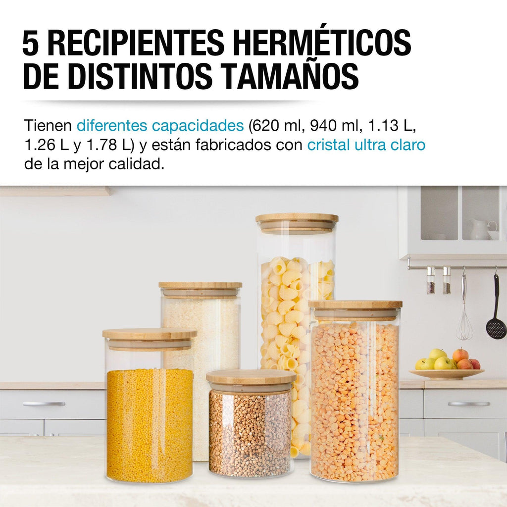 Set de 5 Contenedores de Vidrio con Tapa de Bambú Casa Litus