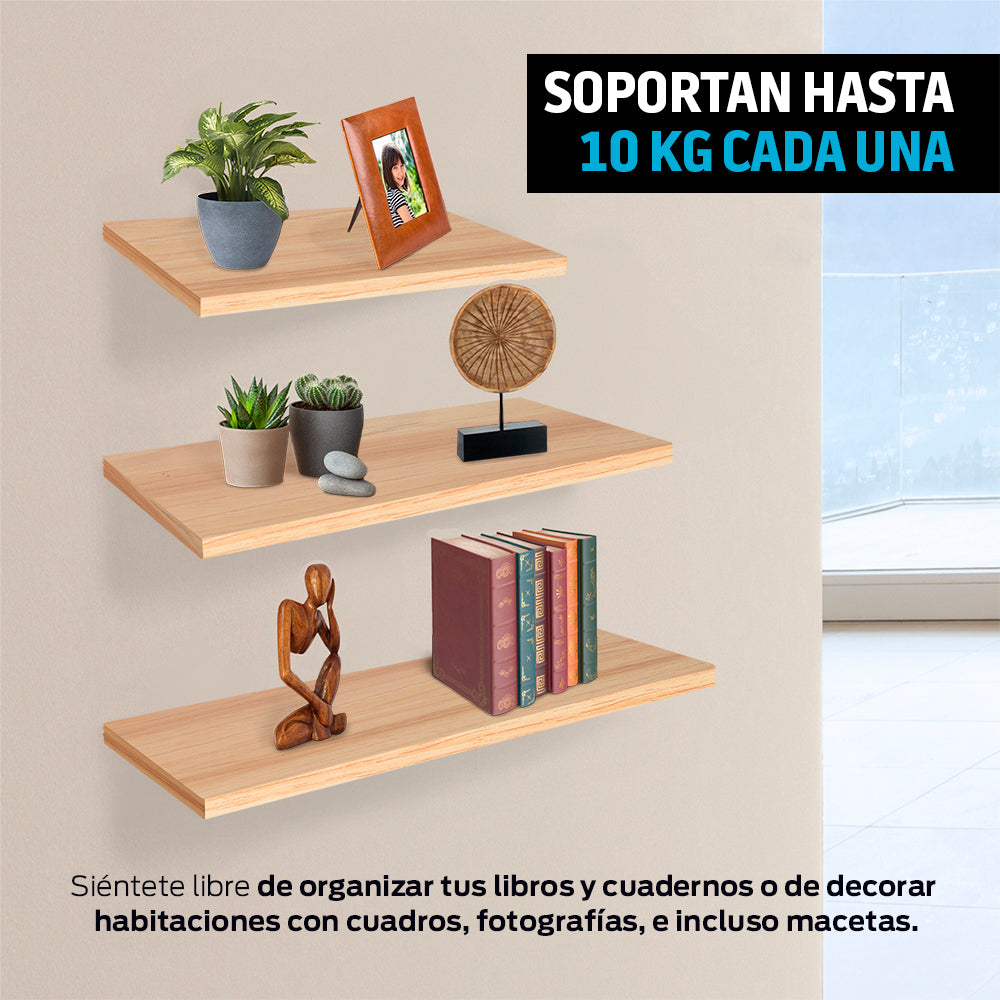 Set de 3 Repisas Flotantes de Madera de 30, 40 y 50 cm