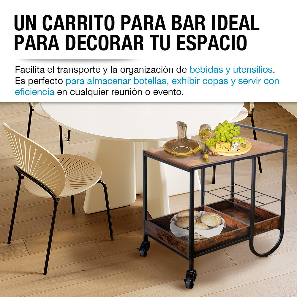 Carrito de Servicio para Bar Estilo Industrial de Acero y Madera