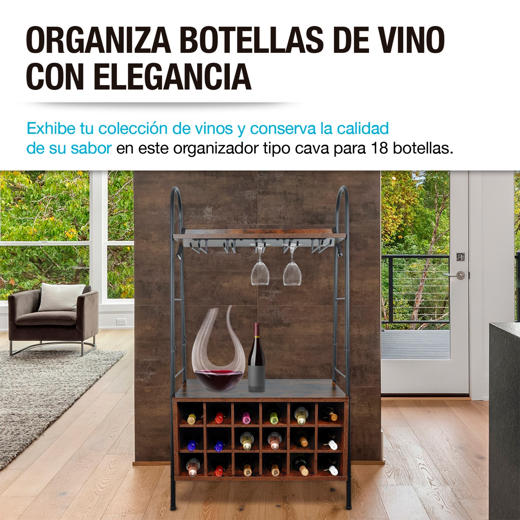 Cava de Vino tipo Cantina Mueble Organizador para 18 Botellas y Copas