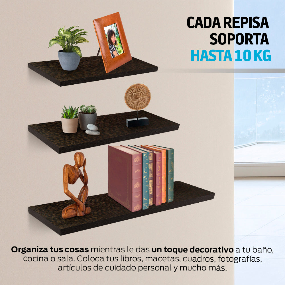 Set de 3 Repisas Flotantes de Madera de 30, 40 y 50 cm