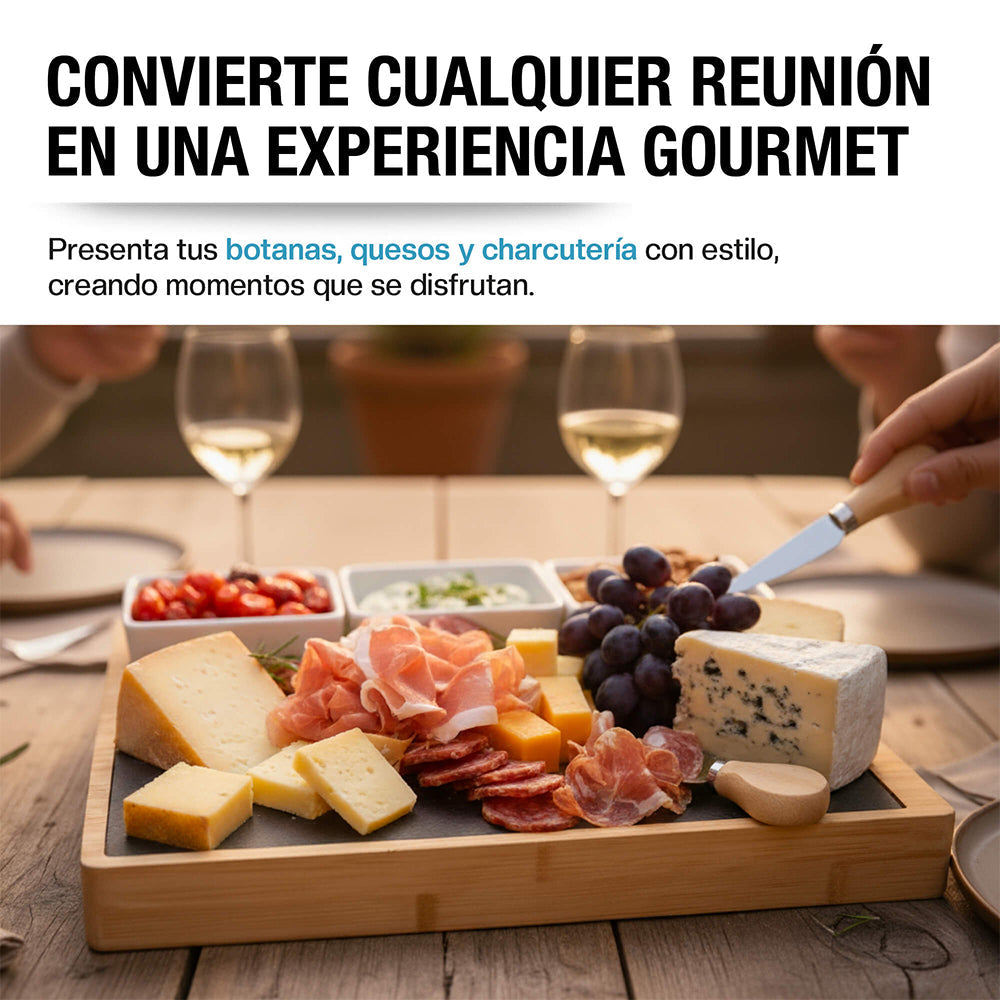 Tabla de bambú para charcutería con 3 salseros