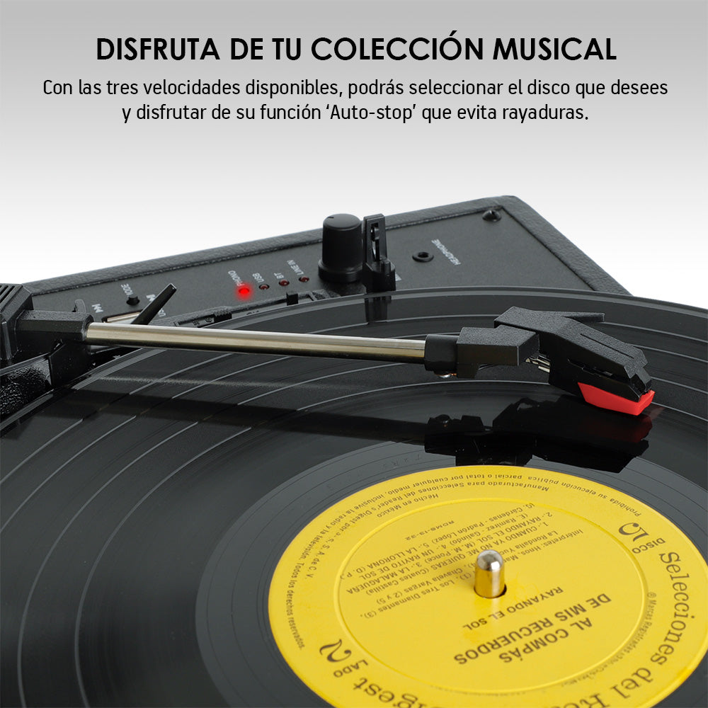 Tocadiscos Bluetooth Portátil con Bocinas, 3 Velocidades