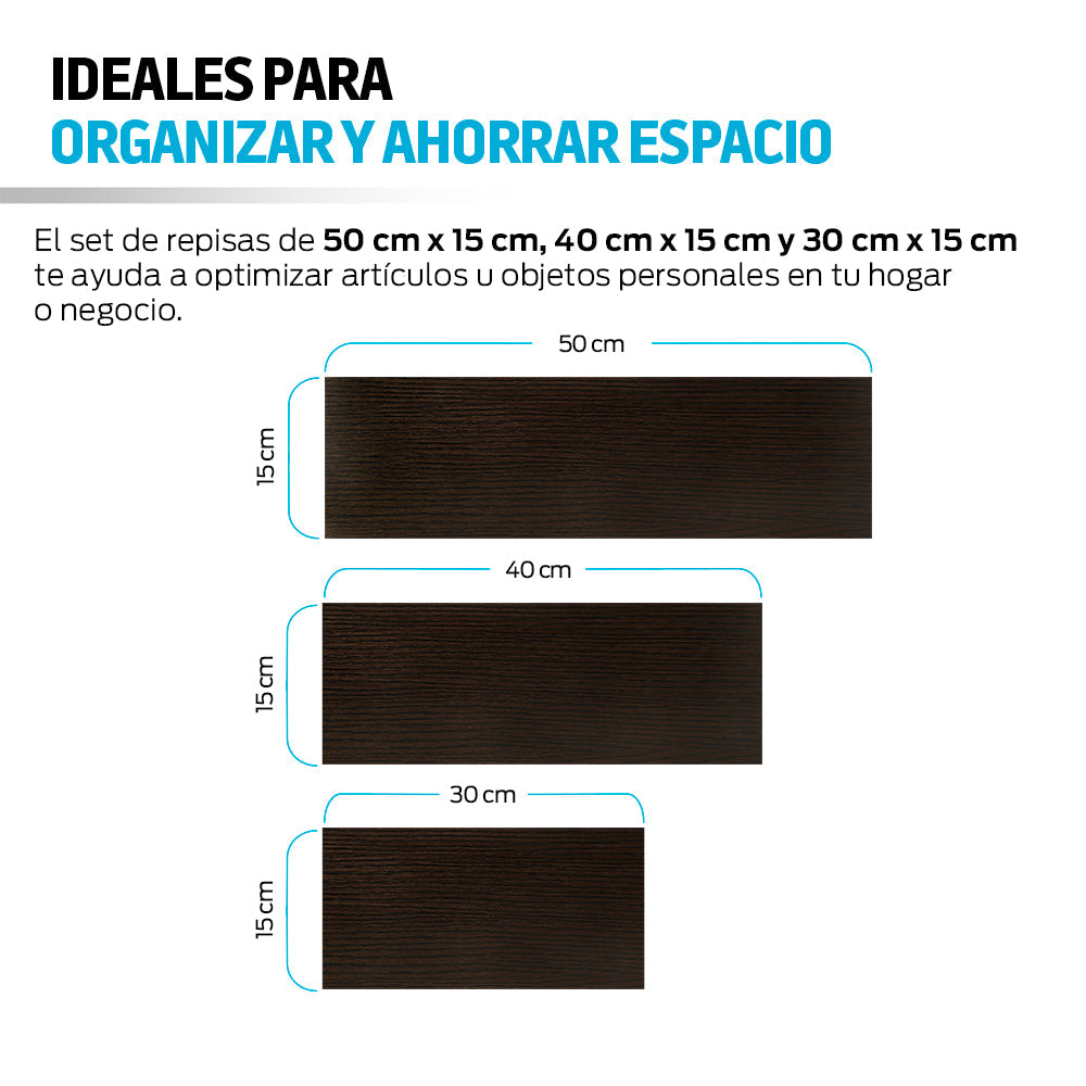 Set de 3 Repisas Flotantes de Madera de 30, 40 y 50 cm