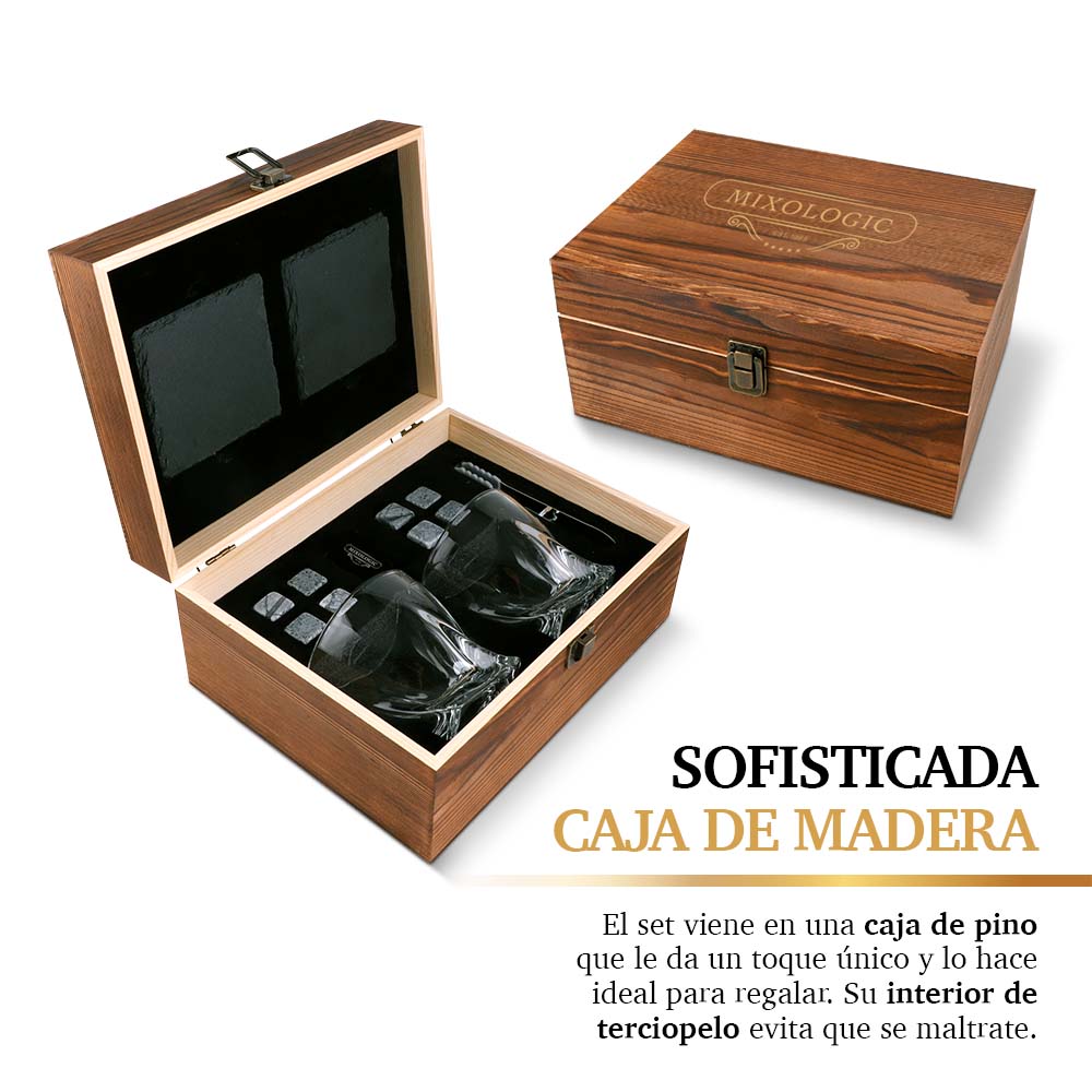 Set para Whisky con 2 Vasos, 8 Piedras y Caja de Madera