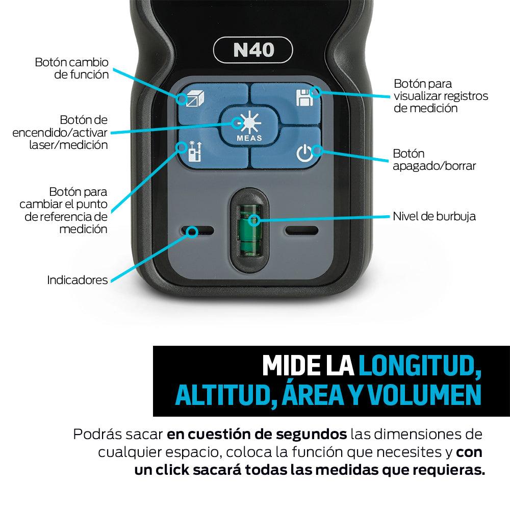 Medidor Láser Portátil de 40 Metros. Telémetro para Distancia, Altura, Área y Volumen