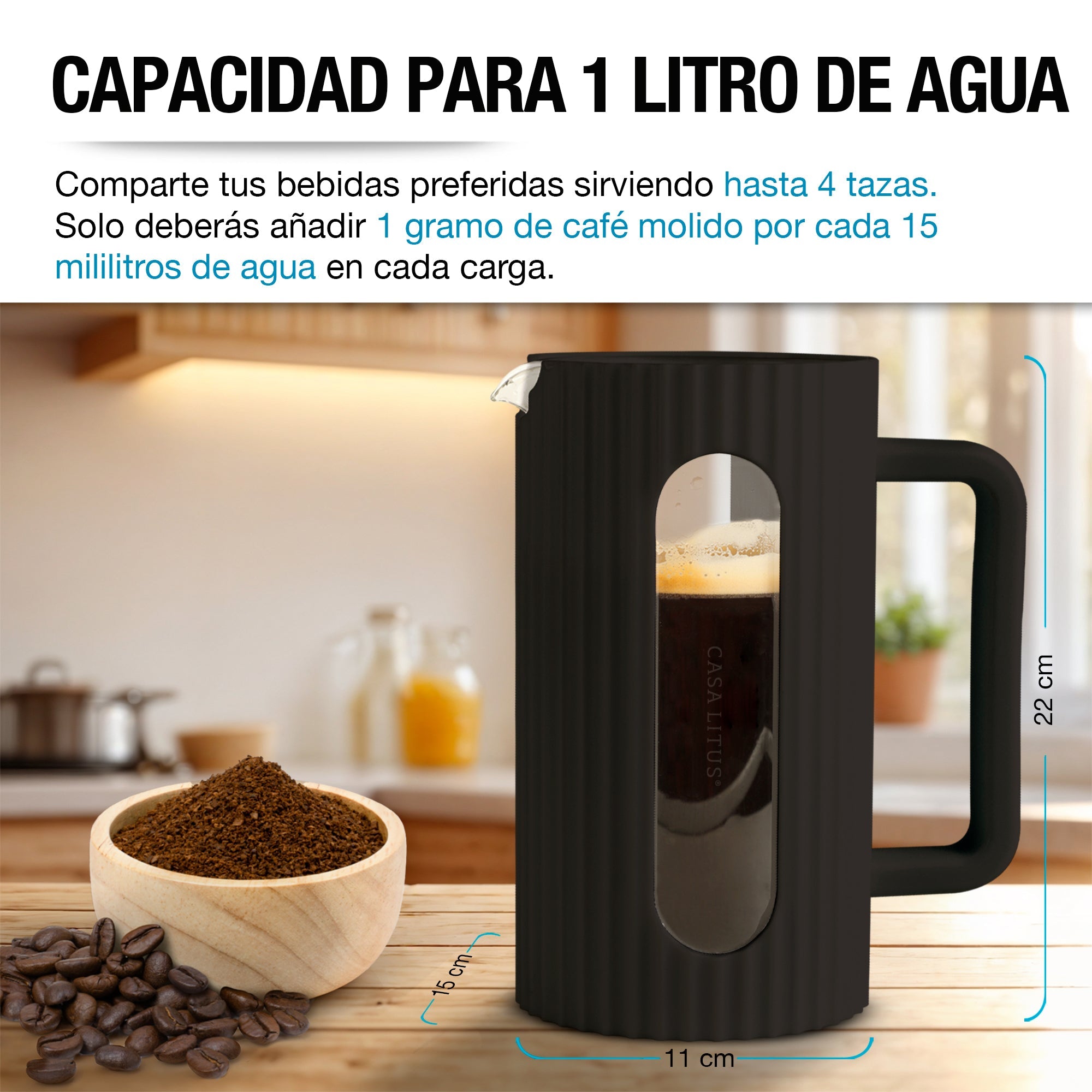 Prensa Francesa de Vidrio Ondulado de 1 L para Café y Té