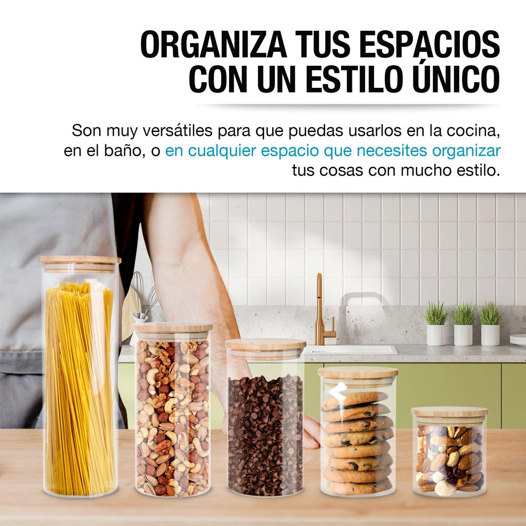 Set de 5 Contenedores de Vidrio con Tapa de Bambú Casa Litus
