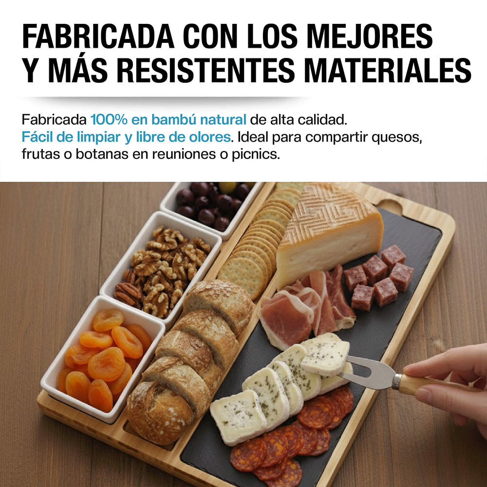 Tabla de bambú para charcutería con 3 salseros