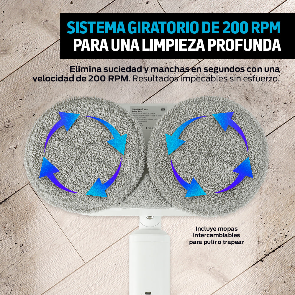 Trapeador Eléctrico Giratorio 200 RPM con Spray y Luz LED