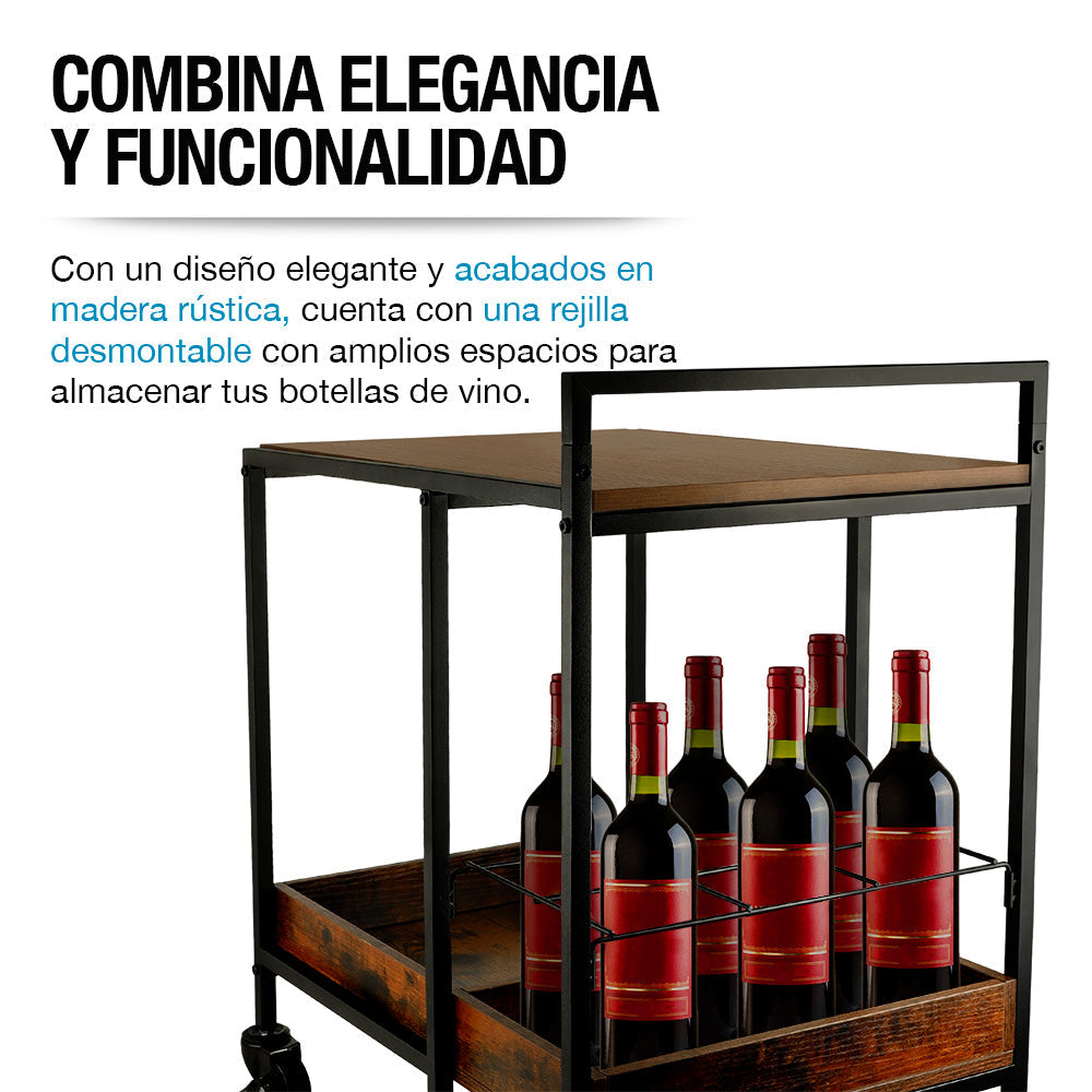 Carrito de Servicio para Bar Estilo Industrial de Acero y Madera