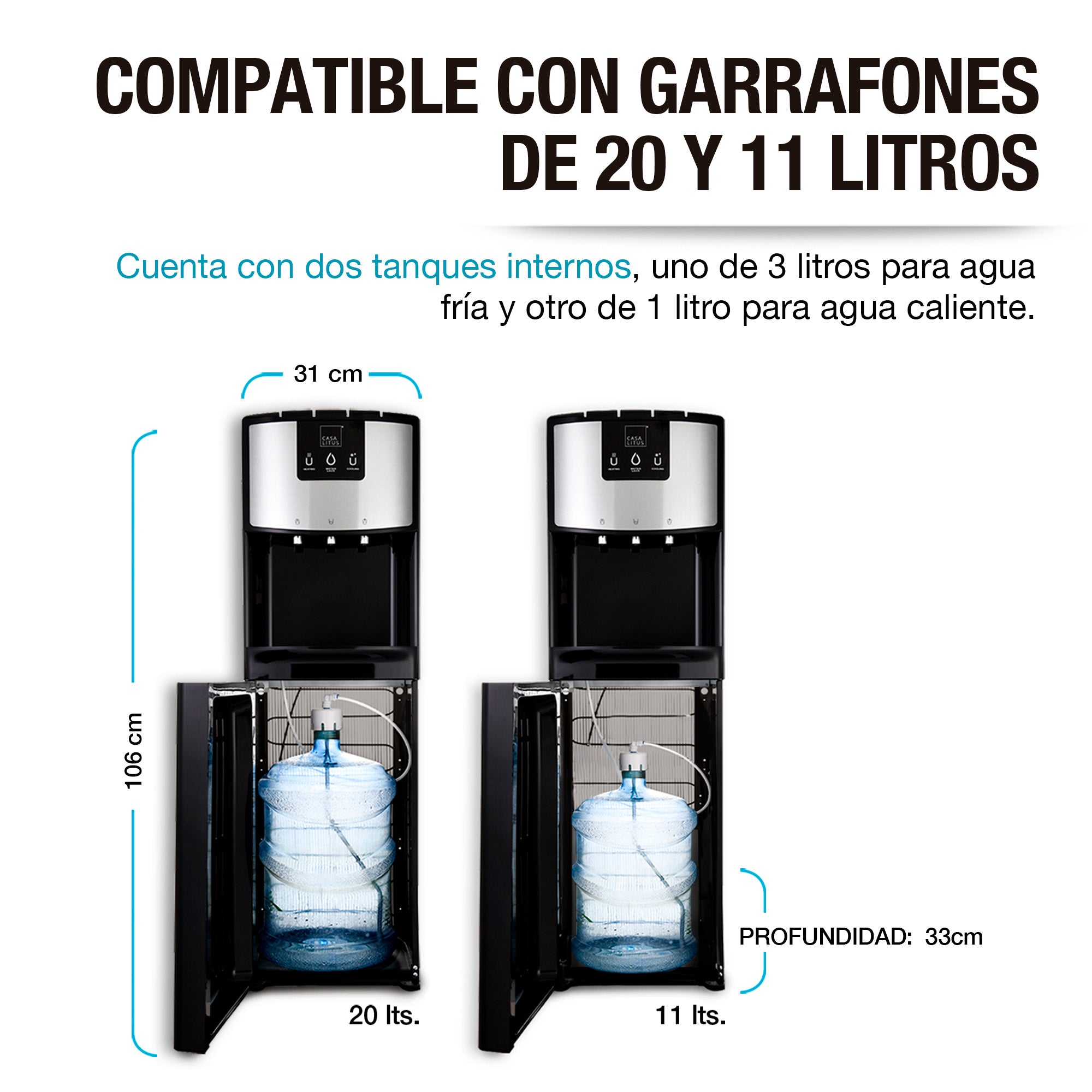 Dispensador de Agua con Garrafón Oculto 11/20 L, 3 Temperaturas