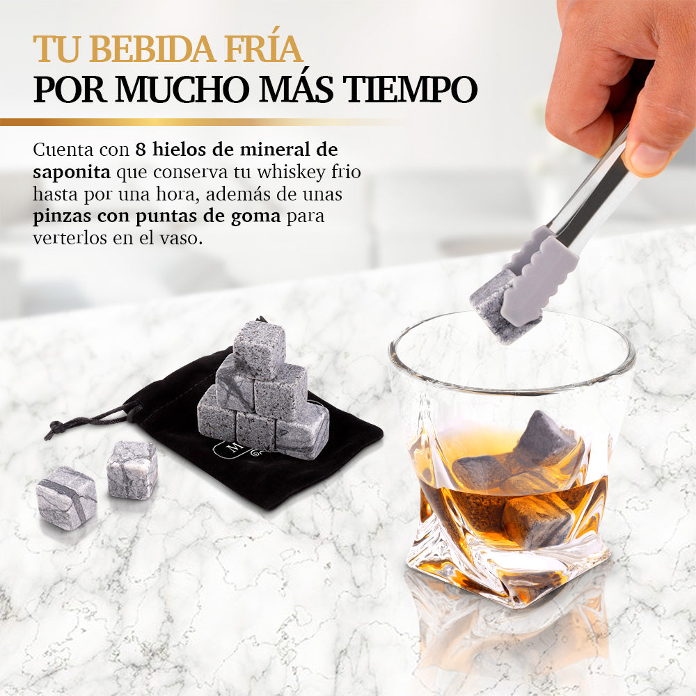 Set para Whisky con 2 Vasos, 8 Piedras y Caja de Madera