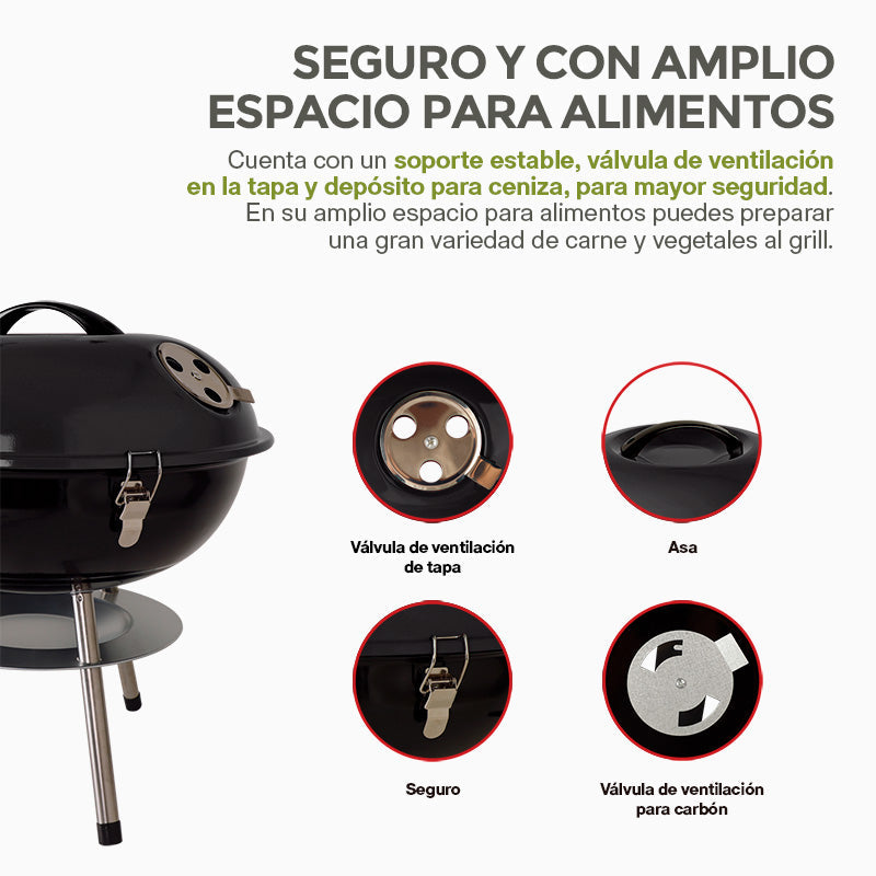 Asador de Carbón Portátil de 36 cm con Tapa HIKEO