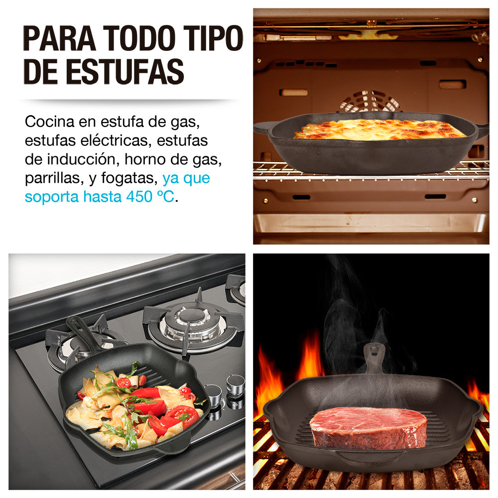 Sartén Grill de Hierro Fundido Precurado de 2 L