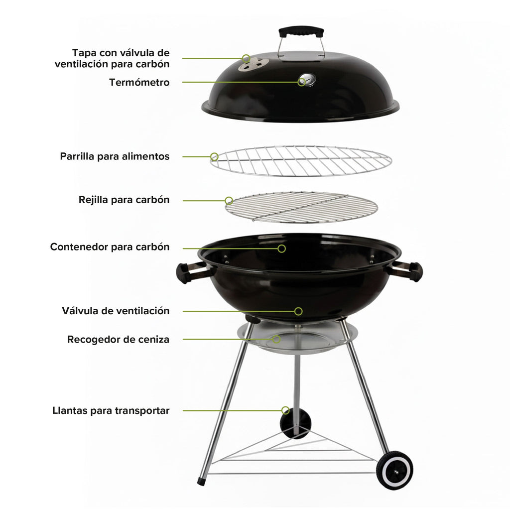 Asador de Carbón Portátil de 55 cm con Termómetro HIKEO