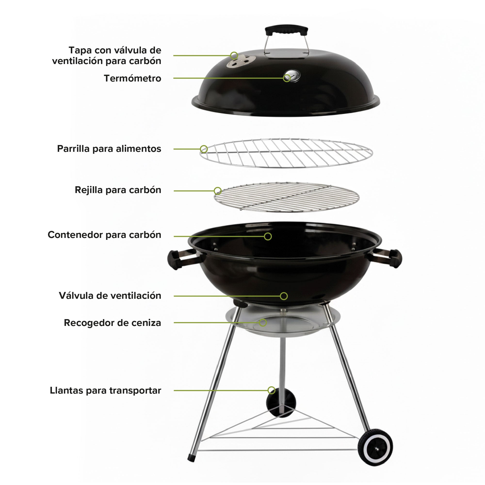 Asador de Carbón Portátil de 55 cm con Termómetro HIKEO