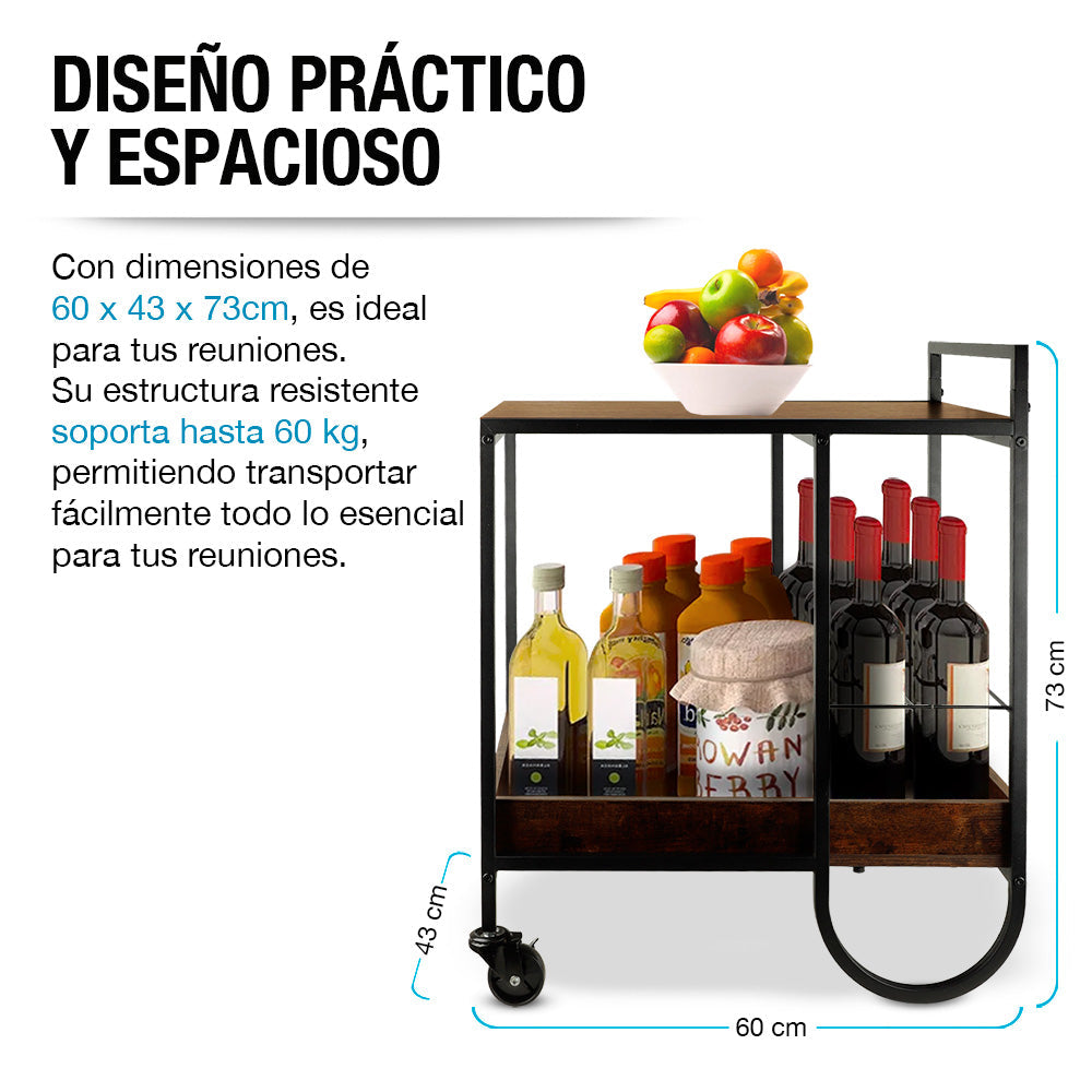 Carrito de Servicio para Bar Estilo Industrial de Acero y Madera