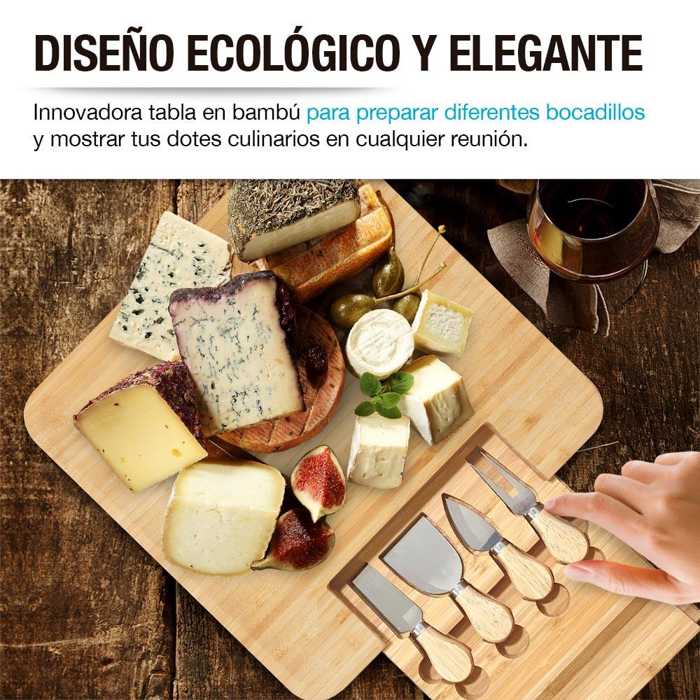 Tabla de bambú para quesos con 4 utensilios