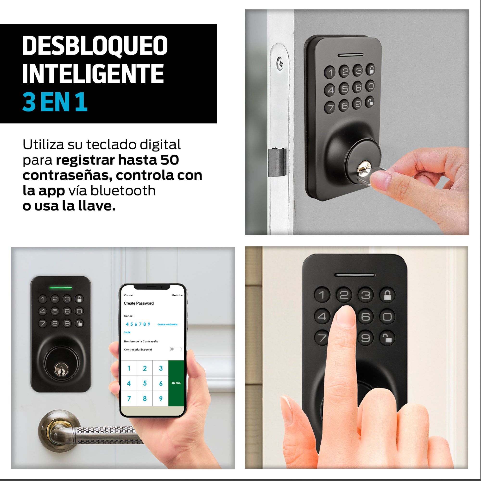 Cerradura inteligente 3 en 1 con app, código y llave