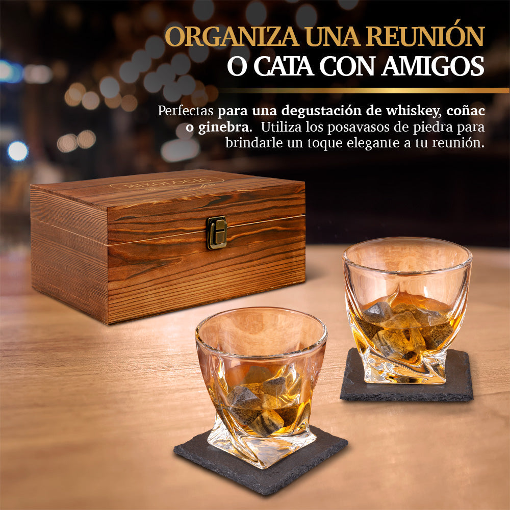 Set para Whisky con 2 Vasos, 8 Piedras y Caja de Madera