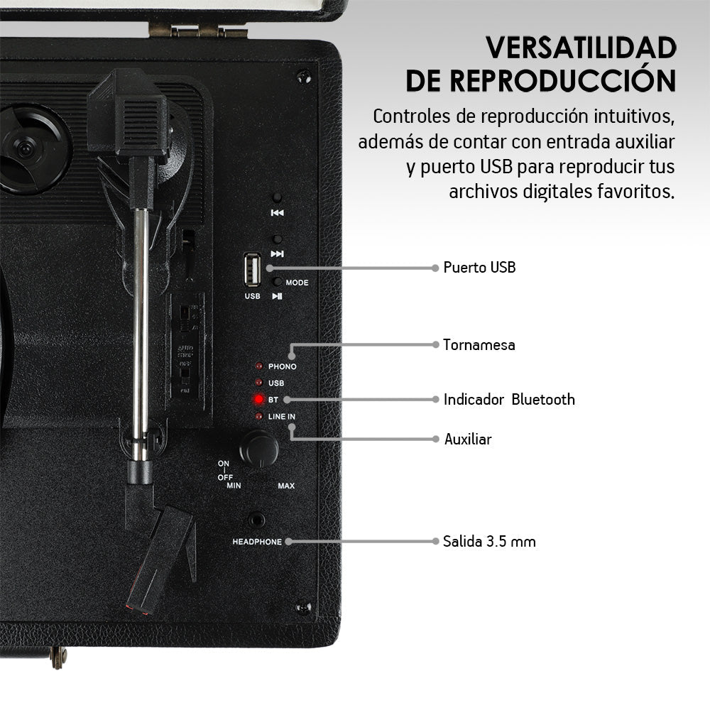 Tocadiscos Bluetooth Portátil con Bocinas, 3 Velocidades