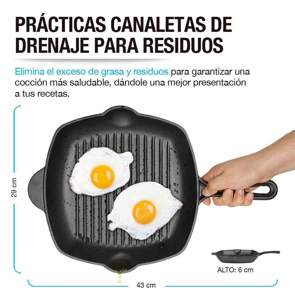 Sartén Grill de Hierro Fundido Precurado de 2 L